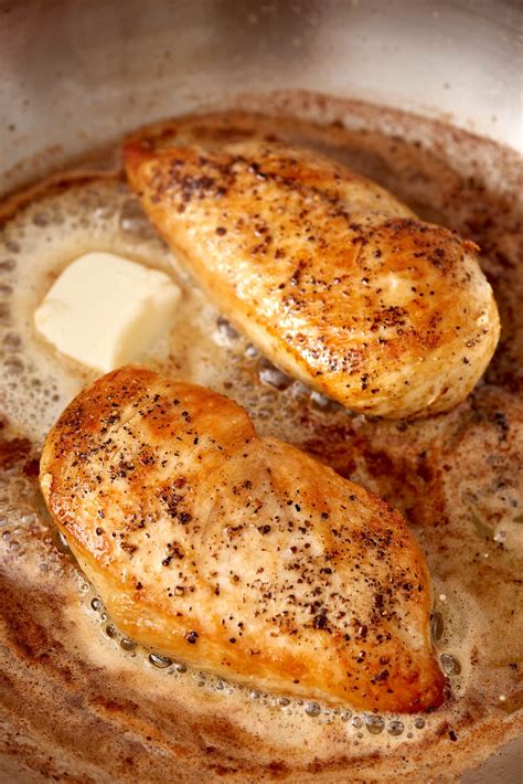 Sep 6, 2021 · Swirl the pan to melt and evenly distribute. Occasionally baste the meat with the butter. Cook until the internal temperature reaches 160 to 165ºF (71 to 74ºC), about 5 to 7 minutes. Transfer to a clean plate to rest for 5 minutes. Serve whole pieces of chicken breast, or slice crosswise into strips or dice into cubes. 